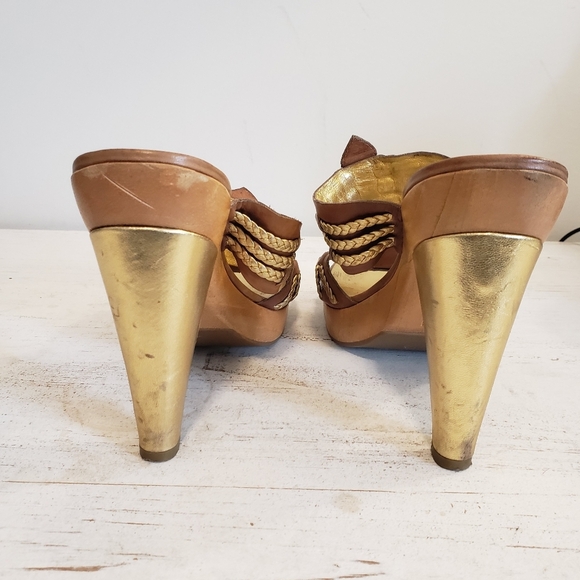 MICHAEL KORS BROWN LEATHER SANDALS WOODEN HEEL PLATFORM Size 9.5 - Picture 5 of 10